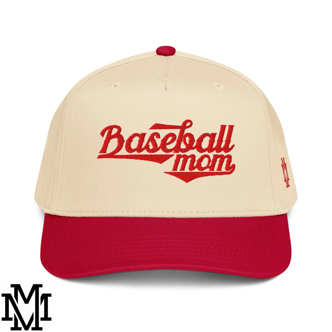 Cream-colored baseball cap with red brim and red embroidered baseball mom logo perfect for baseball moms