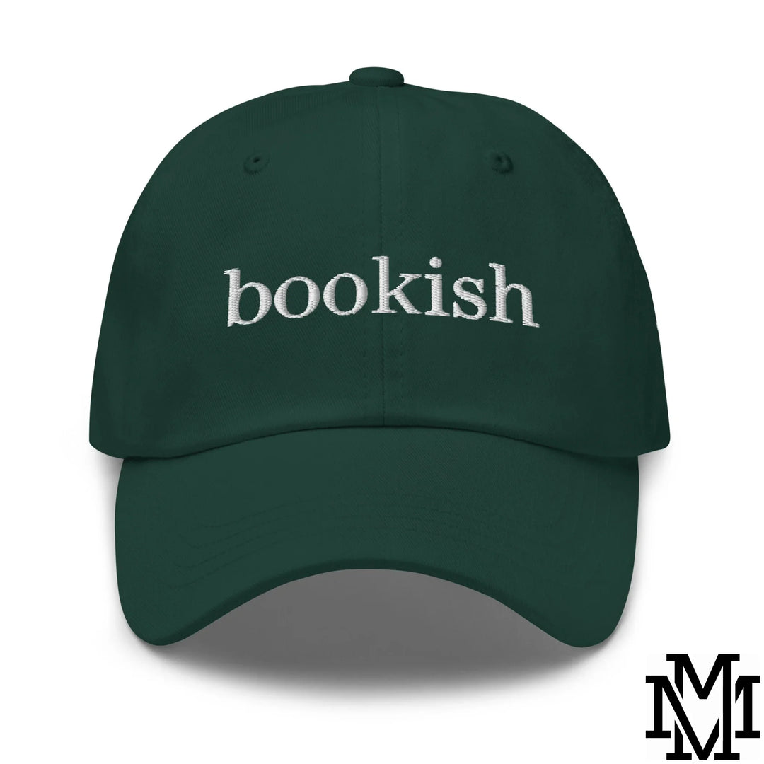 Dark green baseball cap with bookish embroidered in white thread on front perfect for unique casual style