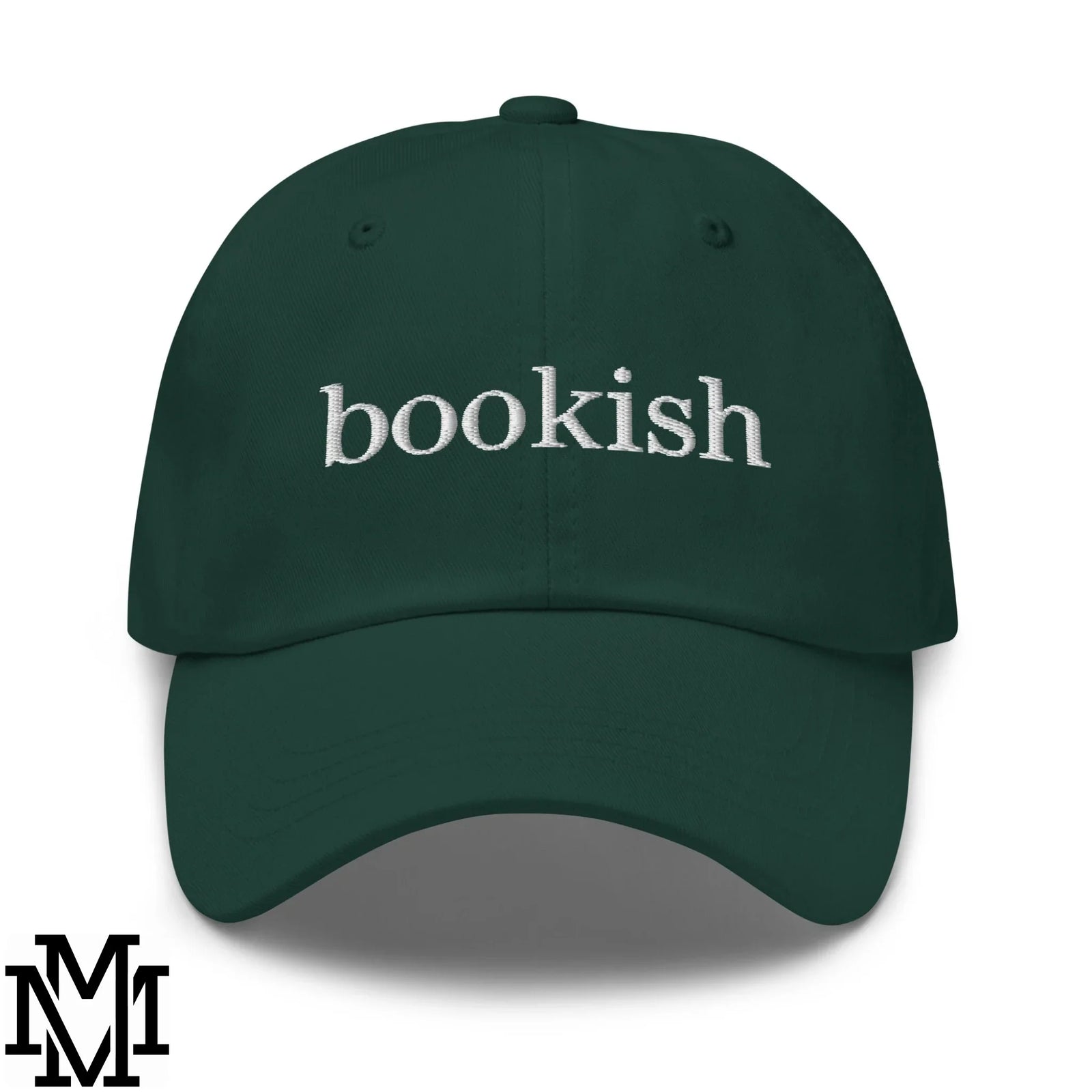 Dark green cotton unstructured dad hat with white embroidered bookish text perfect for literary fashion enthusiasts