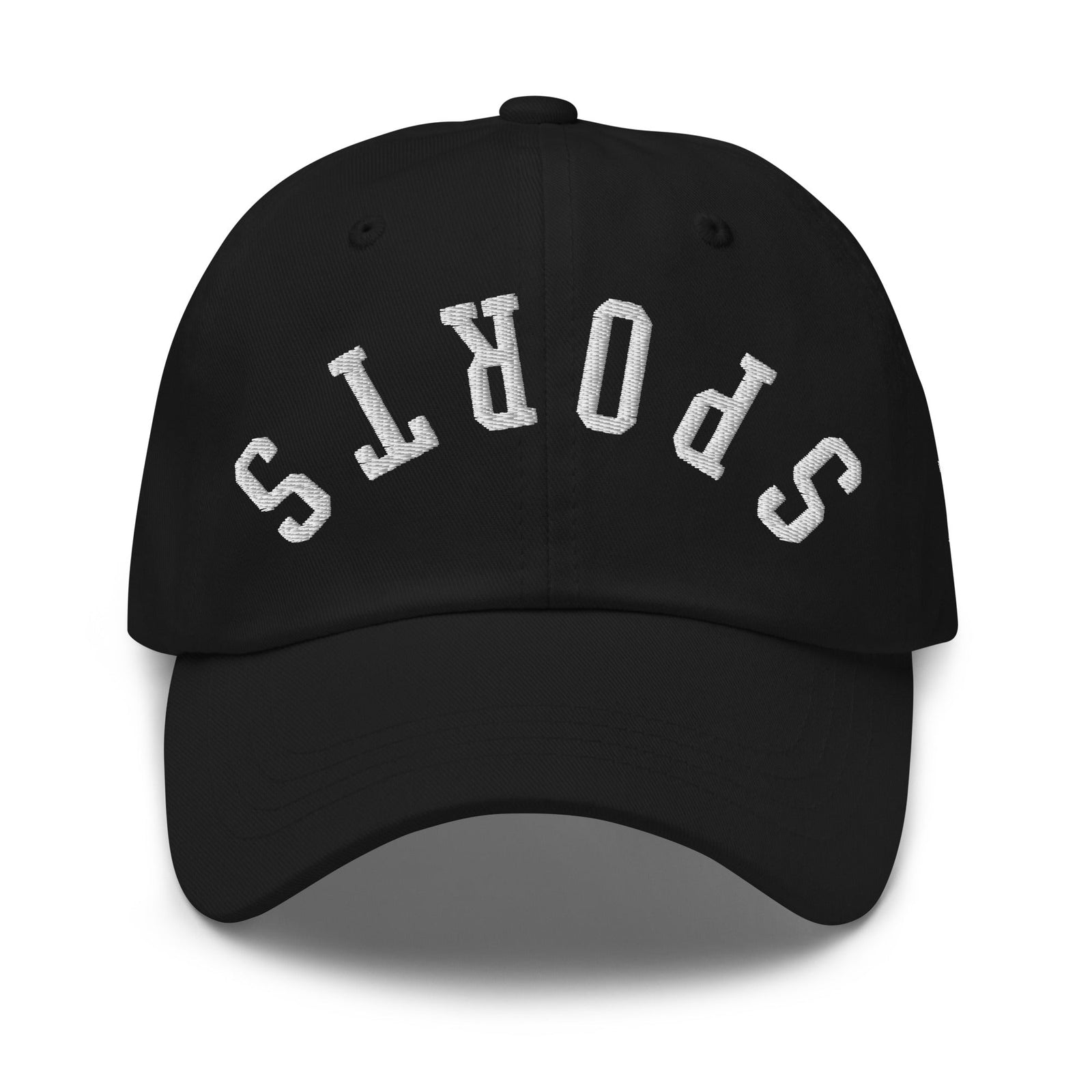Black sports embroidered dad hat with white arched lettering for a confident and unique look