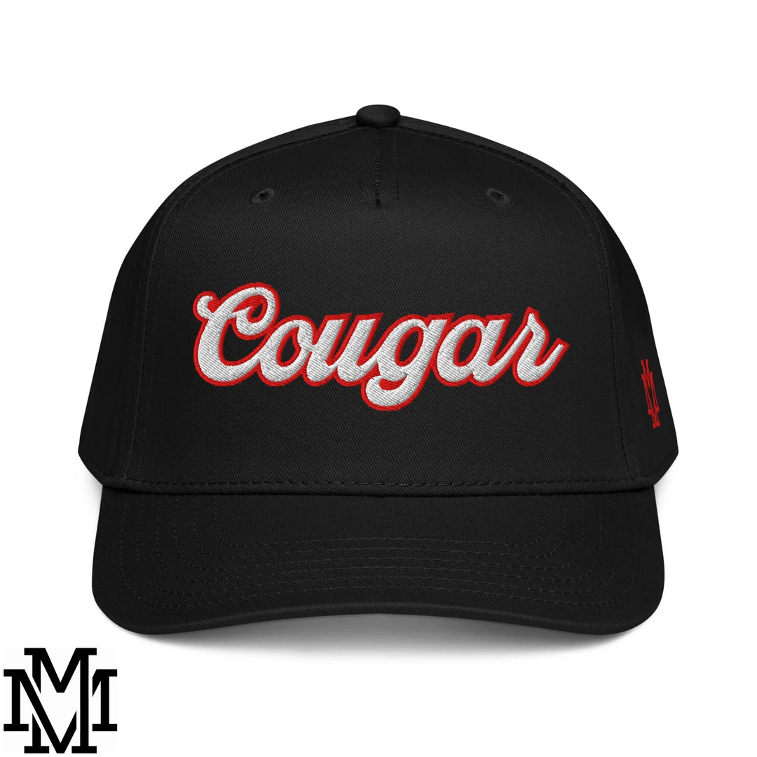 Black baseball cap with cougar embroidered in red and white thread on front for modern style and casual wear.