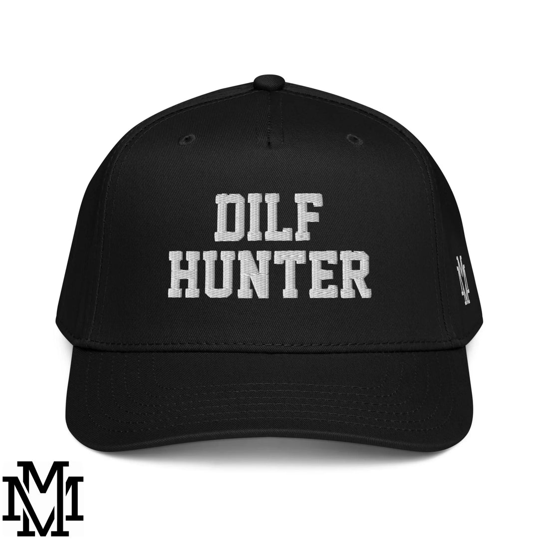 Black cotton baseball snapback hat with dilf hunter embroidered in white block letters for edgy style statements