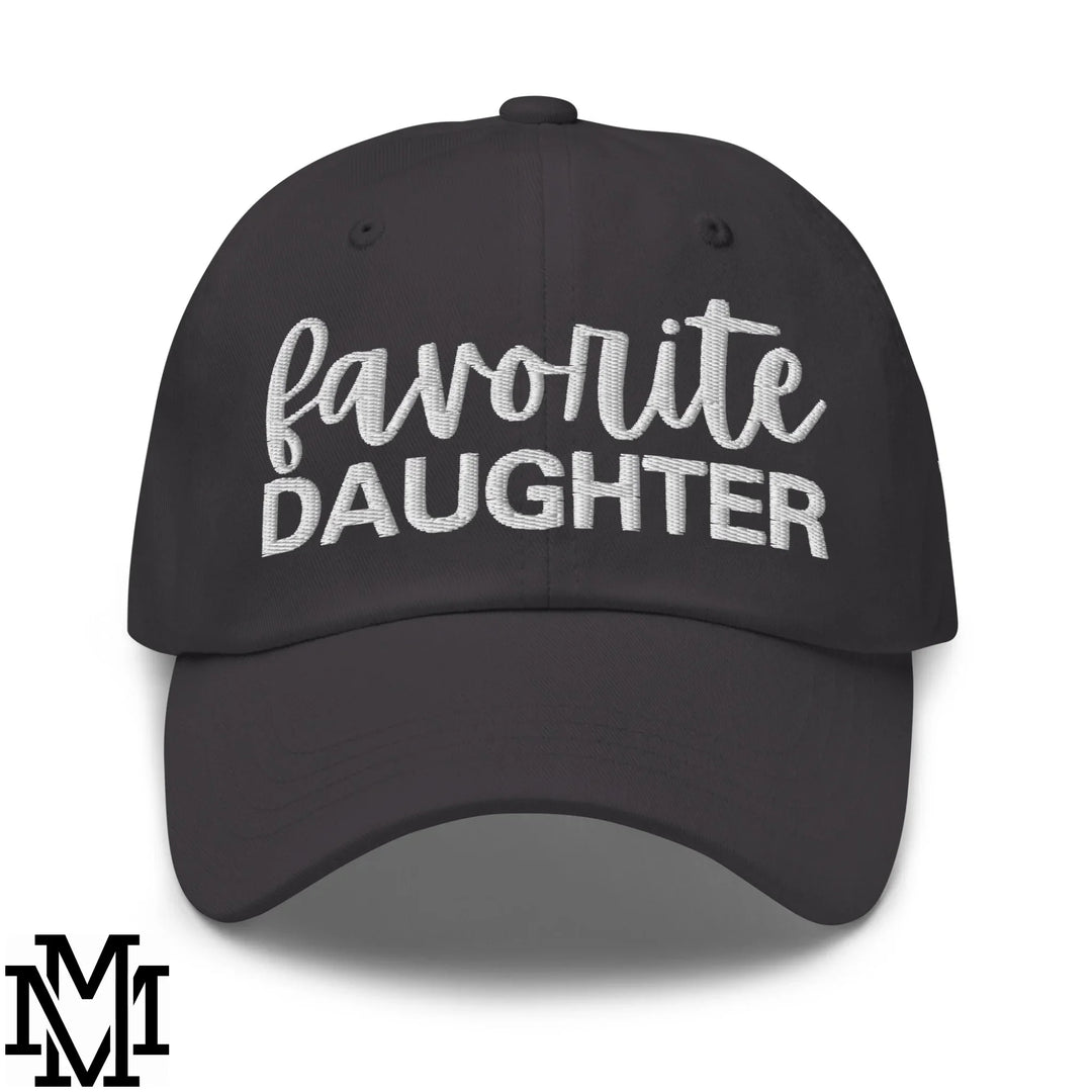 Black unstructured dad hat with white favorite daughter embroidered text in cursive and block font for stylish looks