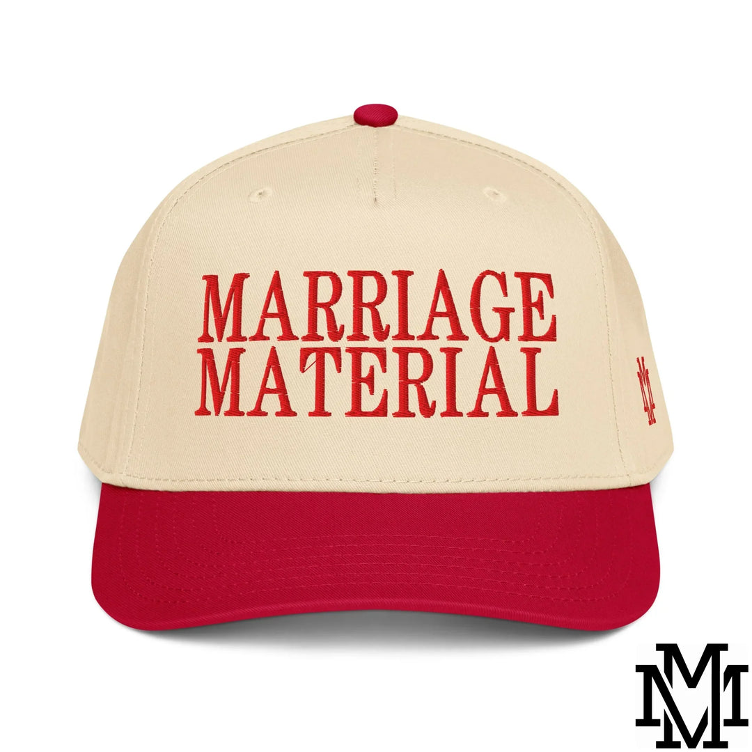 Beige and red baseball snapback hat with marriage material embroidered in bold red letters perfect gift for significant other