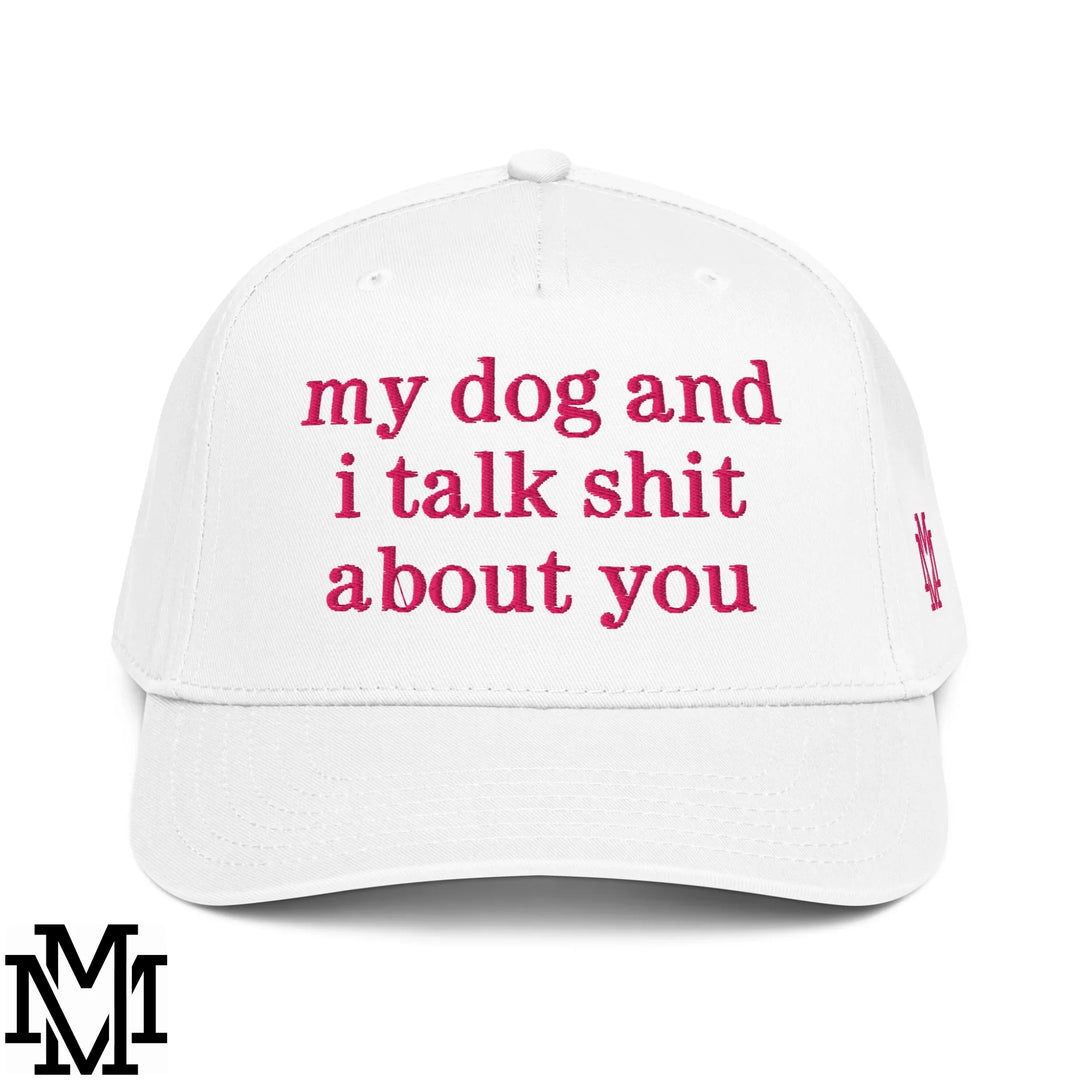 White snapback baseball cap with pink embroidered my dog and i talk shit about you text for confident casual wear