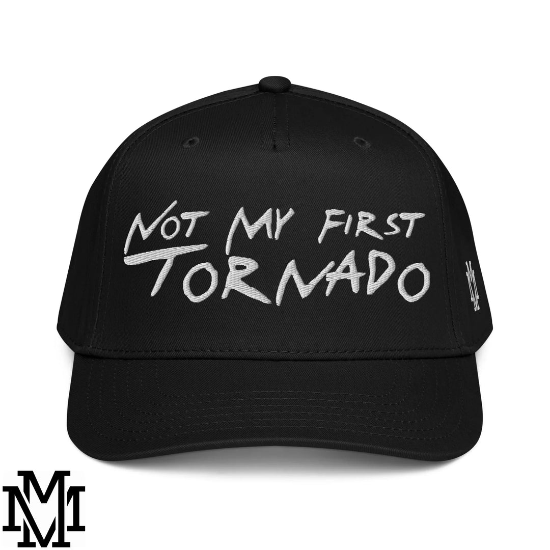 Black baseball cap with white embroidered text not my first tornado featured in catch every storm in style article