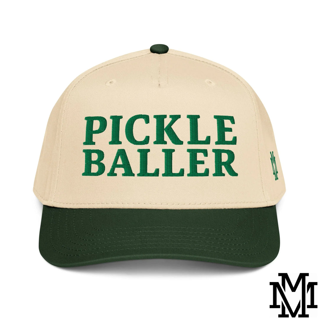 Beige and dark green baseball cap with pickle baller embroidered in bold green letters for urban style
