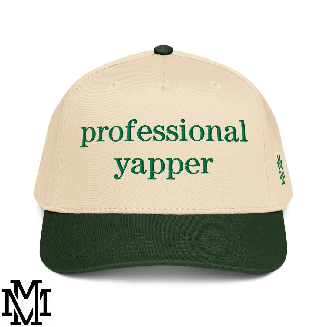 Beige and dark green baseball snapback hat with professional yapper embroidered in green thread for stylish use