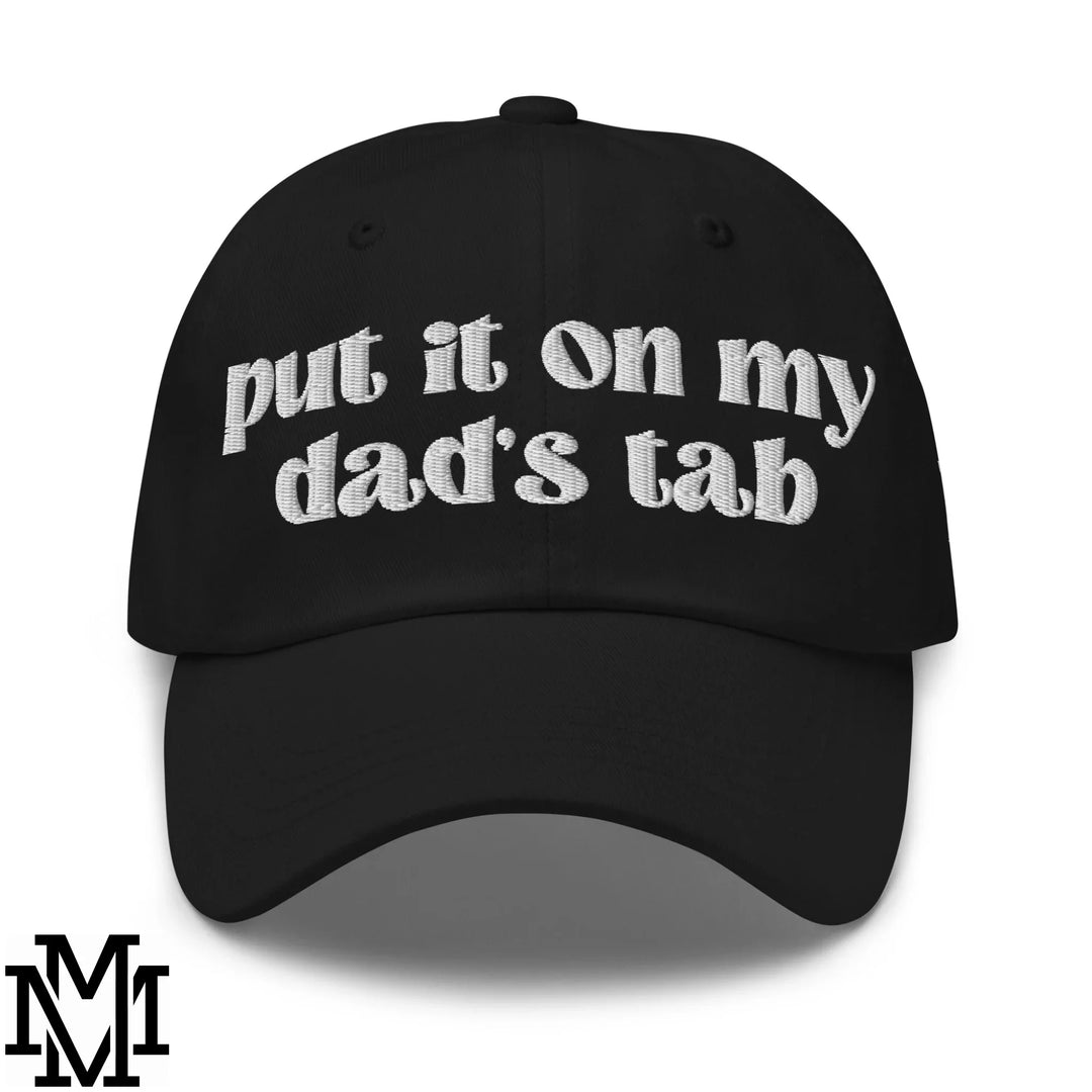 Black baseball cap with white embroidered put it on my dads tab text perfect for elevating casual looks