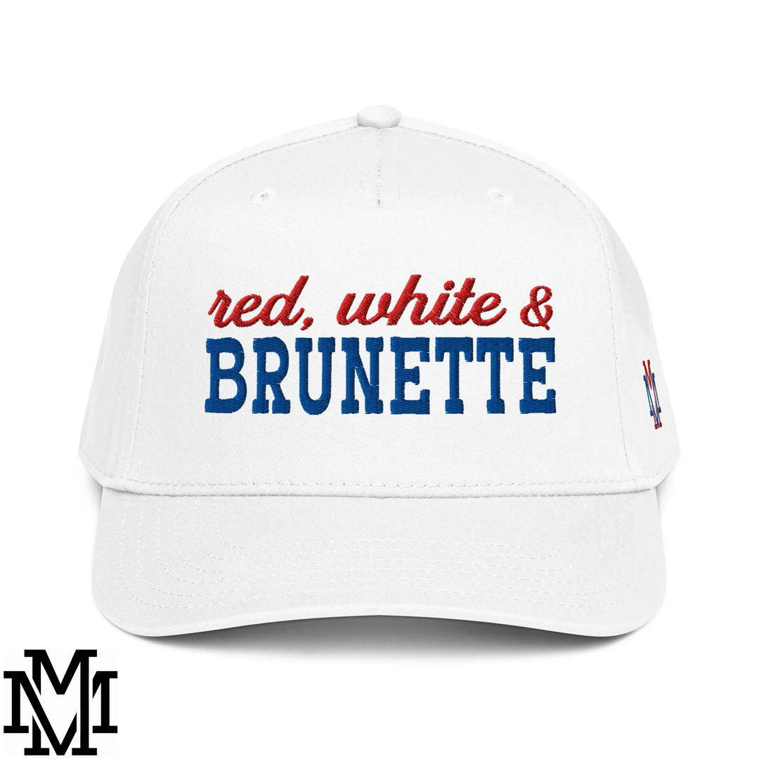 White baseball cap with embroidered red and blue text red white and brunette featured in mimosas vs bellinis article