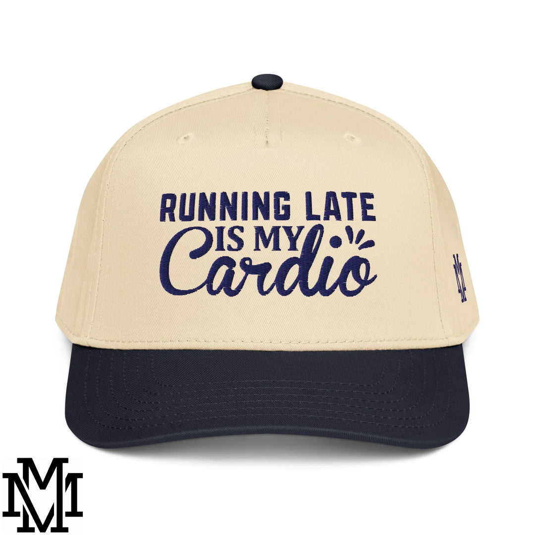 Beige and navy blue baseball cap with embroidered running late is my cardio text for busy stylish souls.