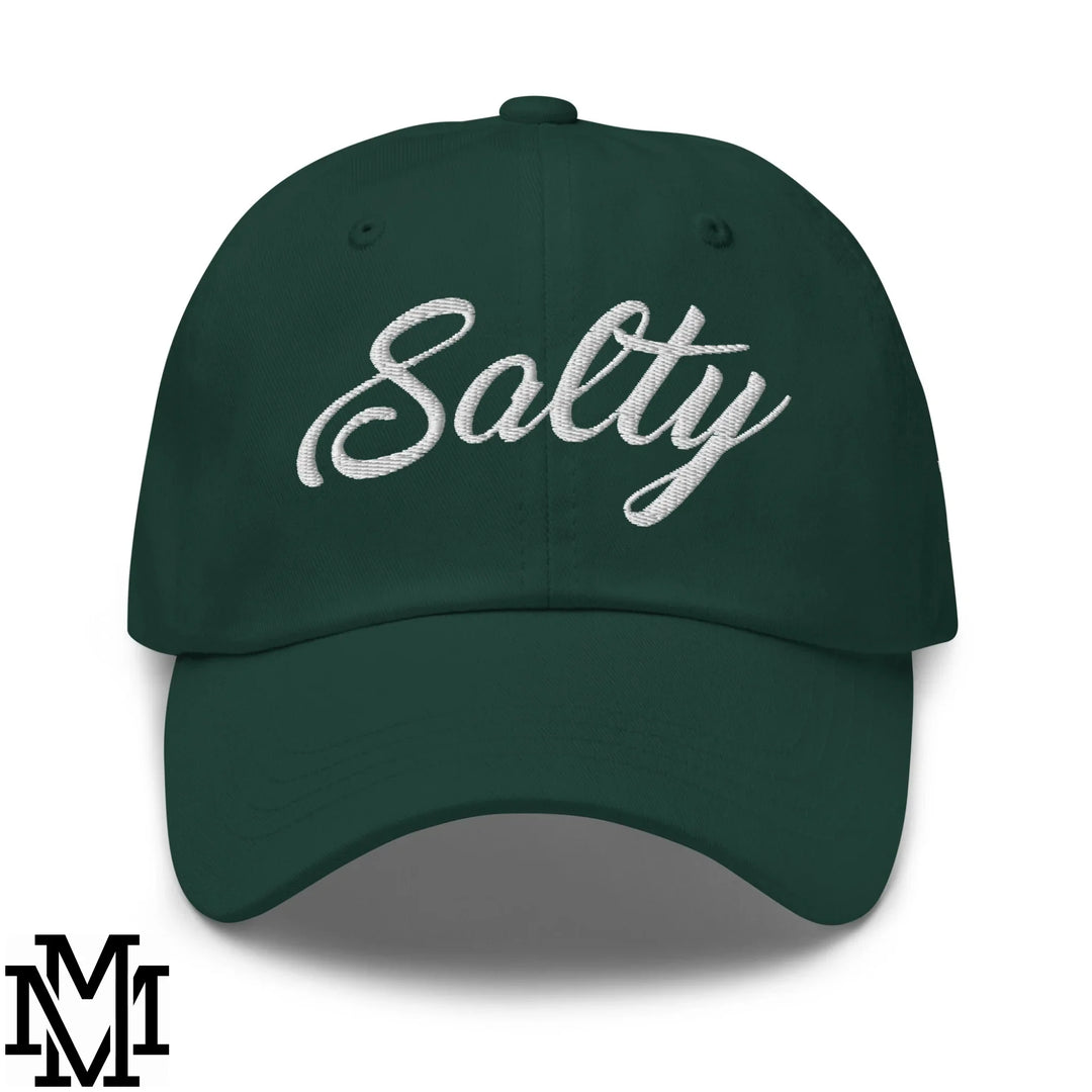 Dark green unstructured dad hat with white embroidered cursive salty text for effortless casual style