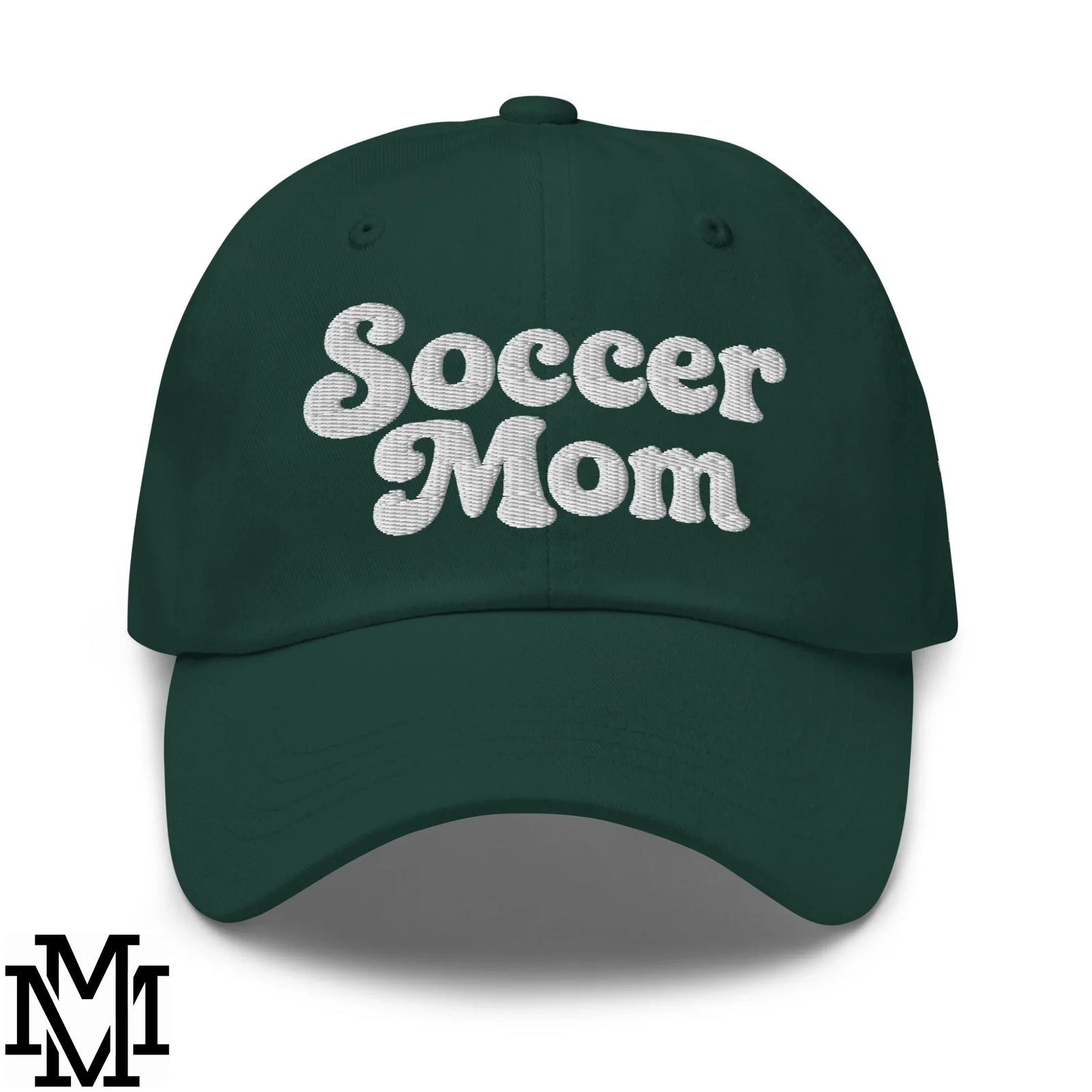 Dark green cotton baseball cap with soccer mom embroidered in white thread shown from the back in brunch tutorial article