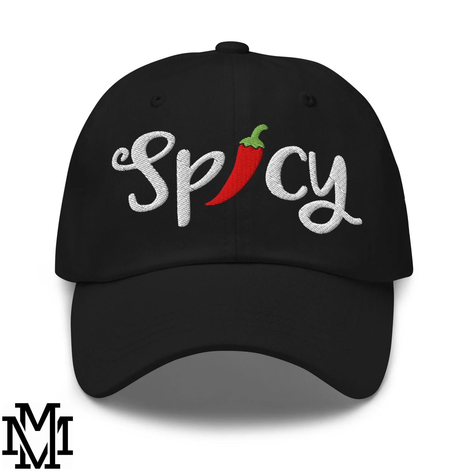 Black baseball cap with embroidered white cursive spicy text and red chili pepper replacing the letter i