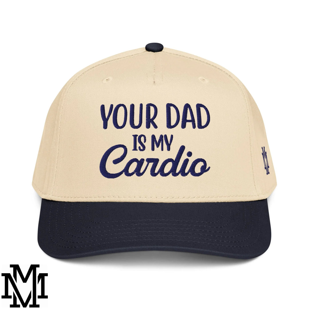 Beige and navy blue baseball cap with embroidered your dad is my cardio text for fitness motivation