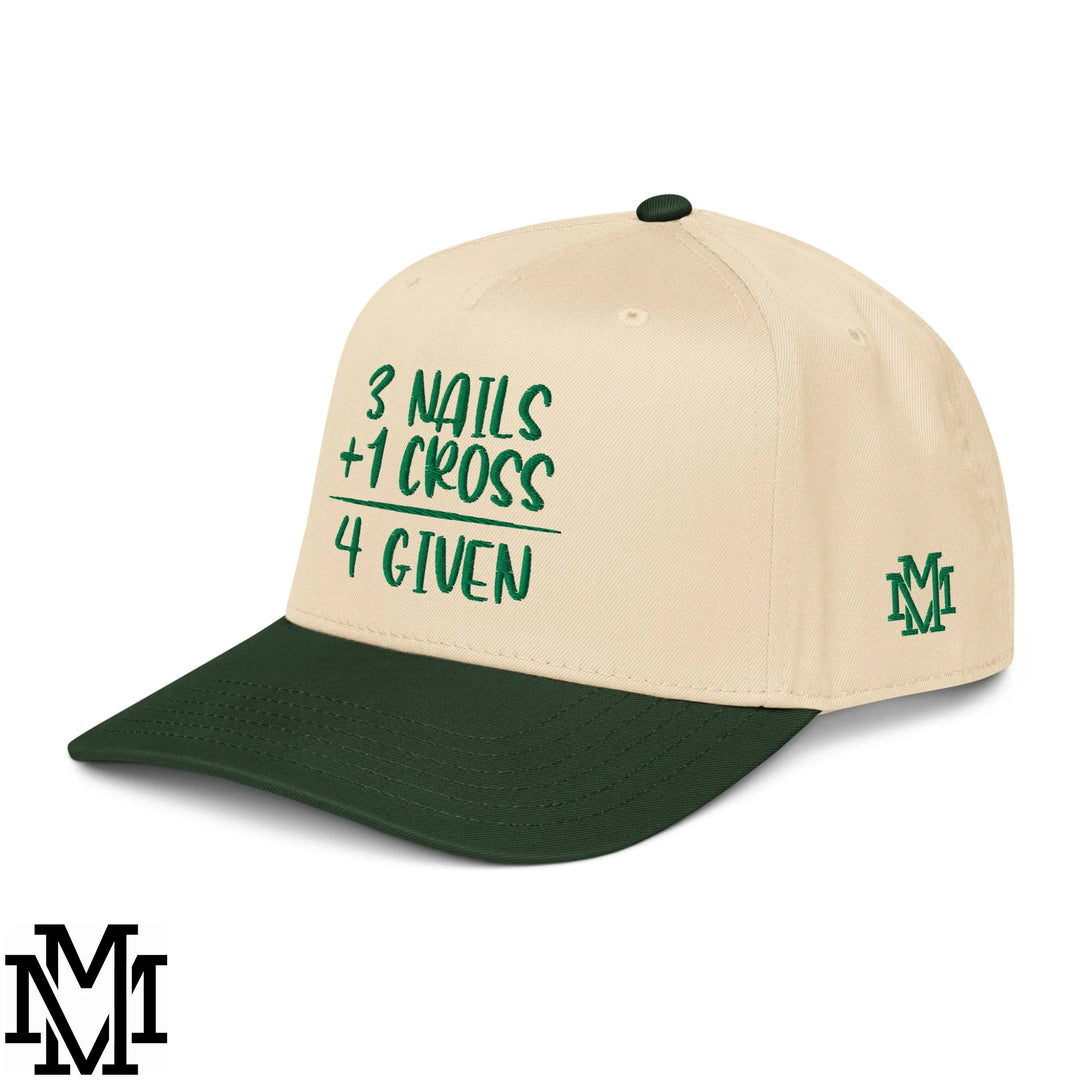 3 Nails + 1 Cross = 4 Given Embroidered Baseball Snapback Hat - Dark Green Natural