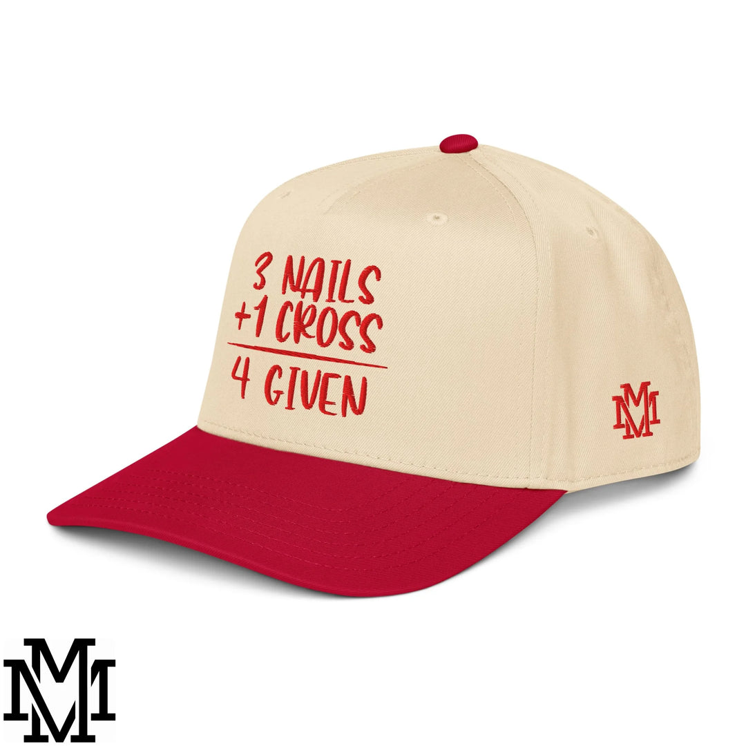 3 Nails + 1 Cross = 4 Given Embroidered Baseball Snapback Hat - Red Natural