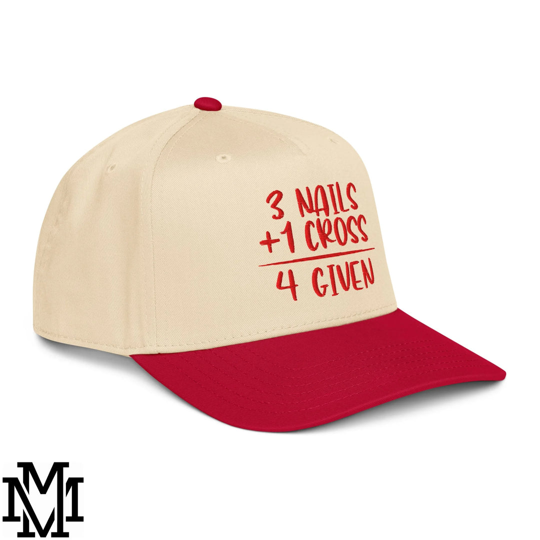 3 Nails + 1 Cross = 4 Given Embroidered Baseball Snapback Hat - Red Natural