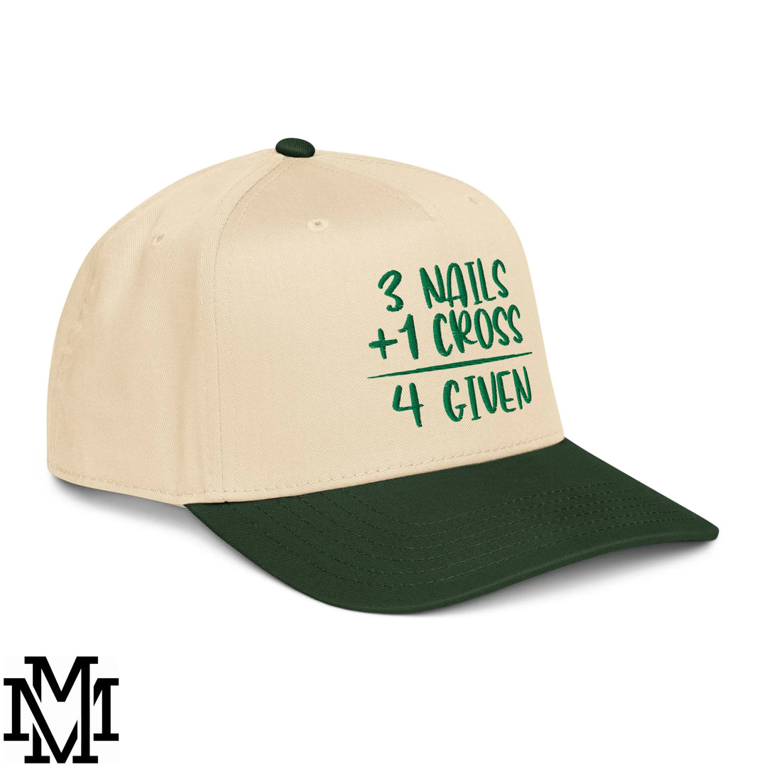 3 Nails + 1 Cross = 4 Given Embroidered Baseball Snapback Hat - Dark Green Natural