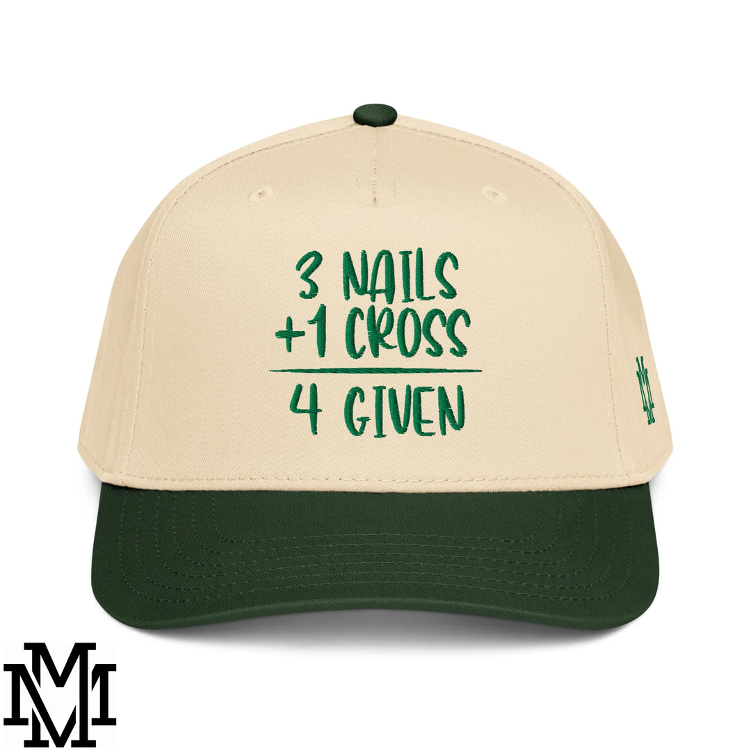 3 Nails + 1 Cross = 4 Given Embroidered Baseball Snapback Hat - Dark Green Natural