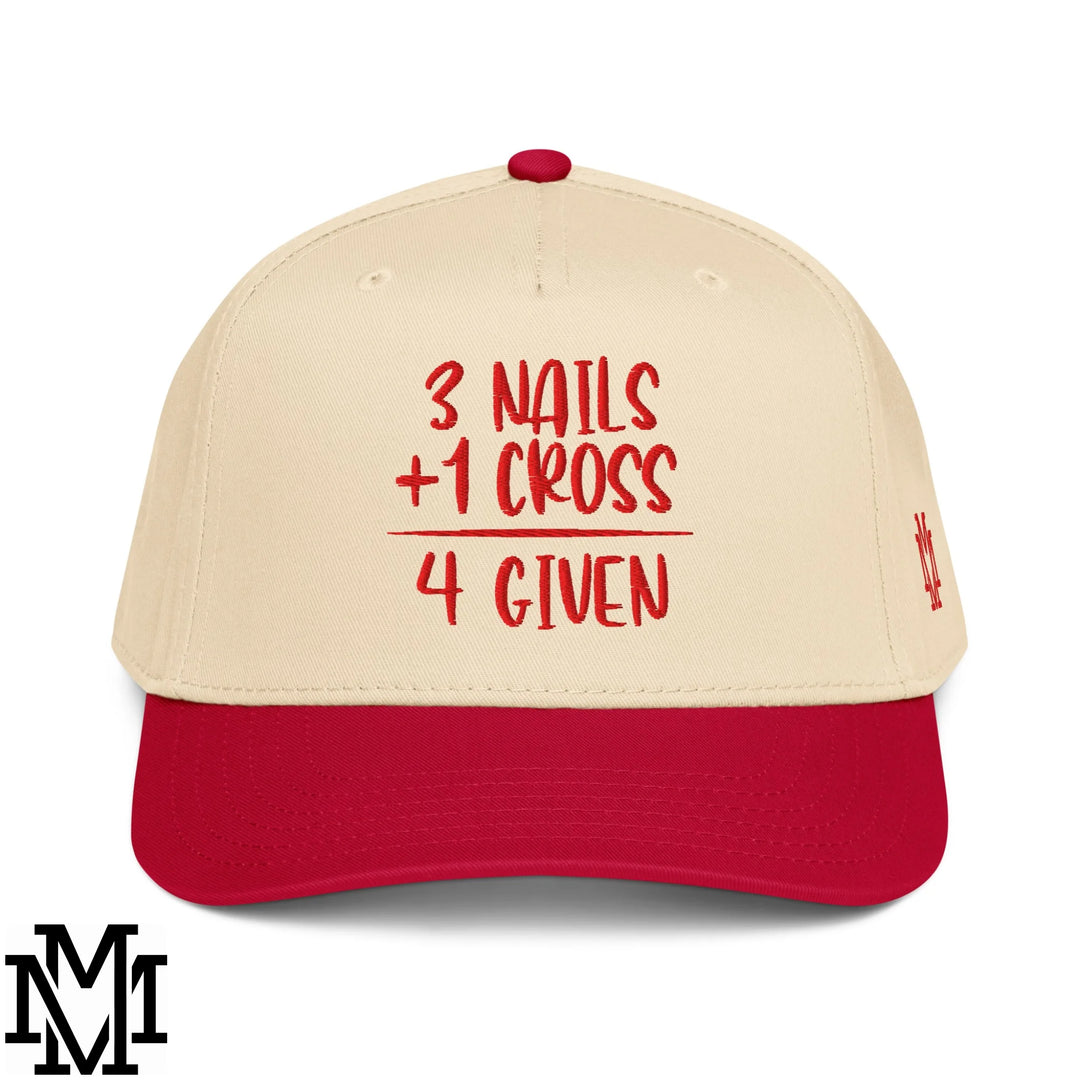 3 Nails + 1 Cross = 4 Given Embroidered Baseball Snapback Hat - Red Natural