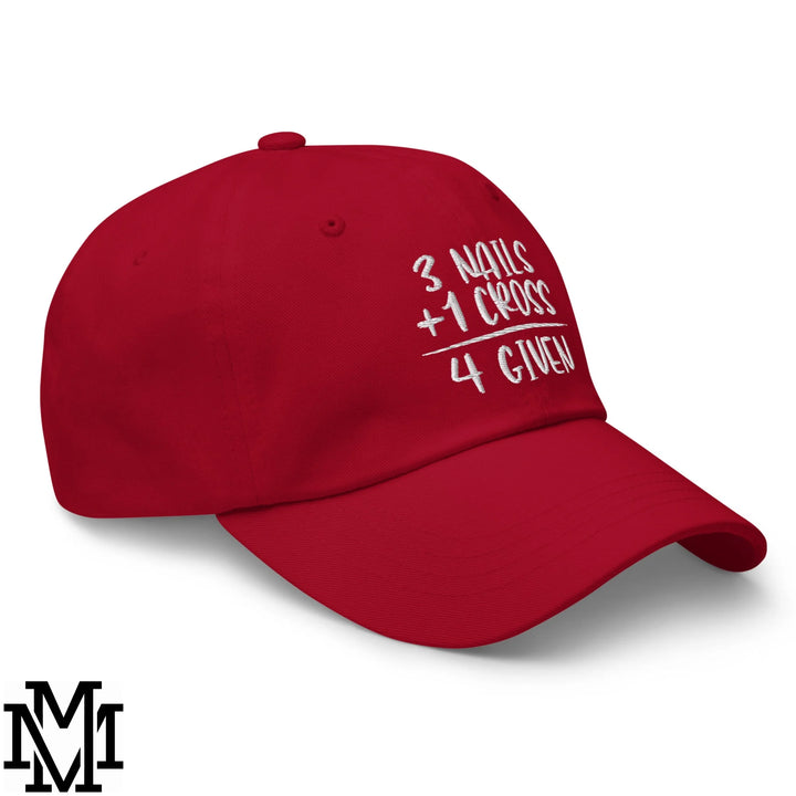 3 Nails + 1 Cross = 4 Given Embroidered Unstructured Dad Hat - Cranberry