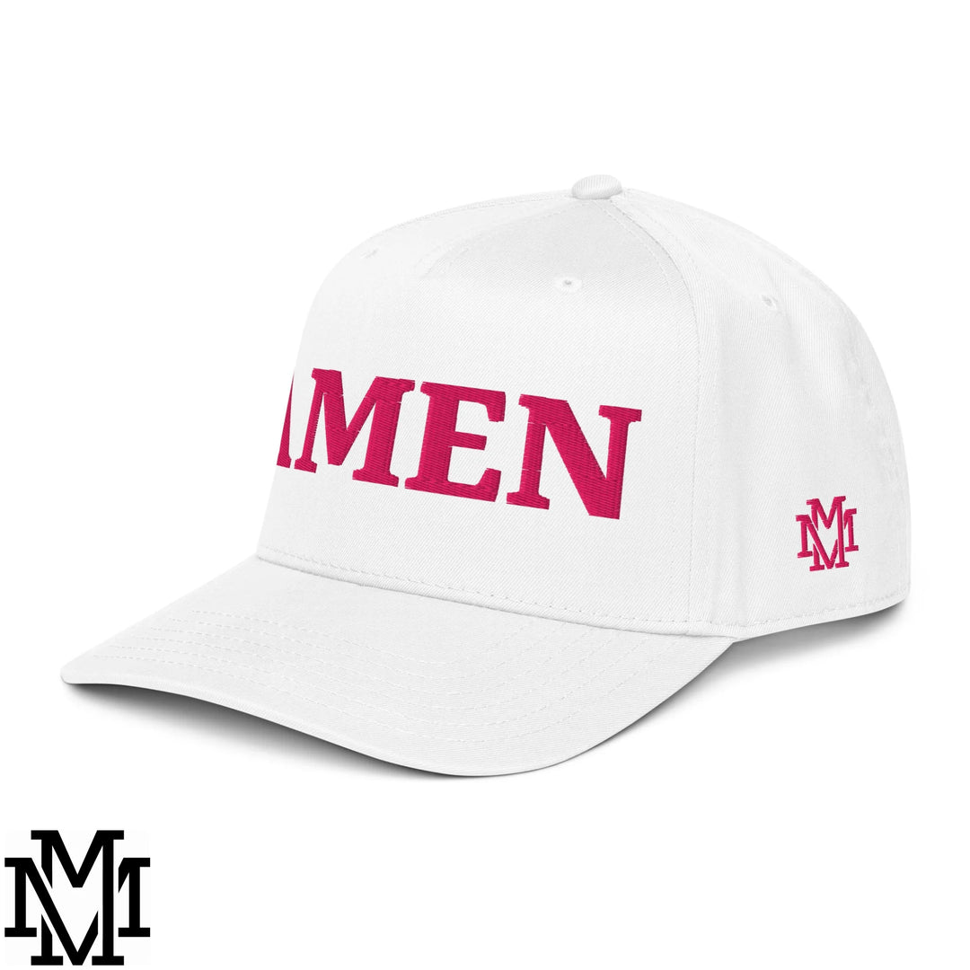 Amen Embroidered Baseball Snapback Hat - White