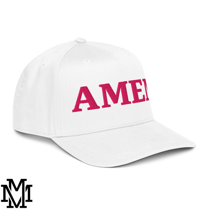 Amen Embroidered Baseball Snapback Hat - White