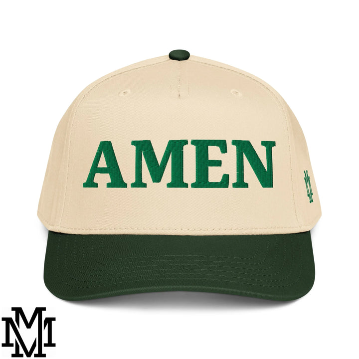 Amen Embroidered Baseball Snapback Hat - Dark Green Natural
