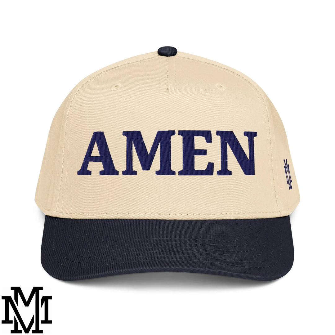 Amen Embroidered Baseball Snapback Hat - Navy Natural
