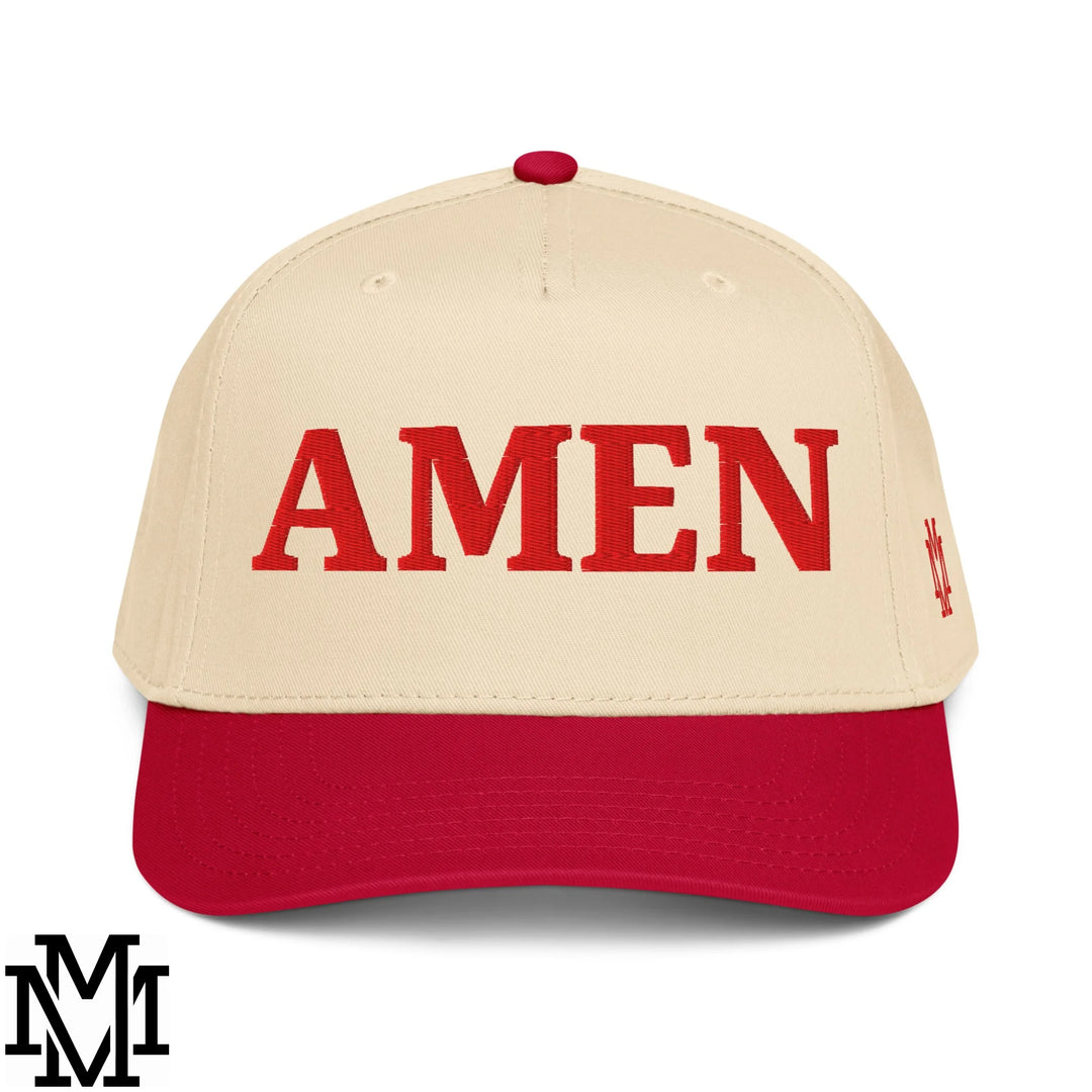 Amen Embroidered Baseball Snapback Hat - Red Natural