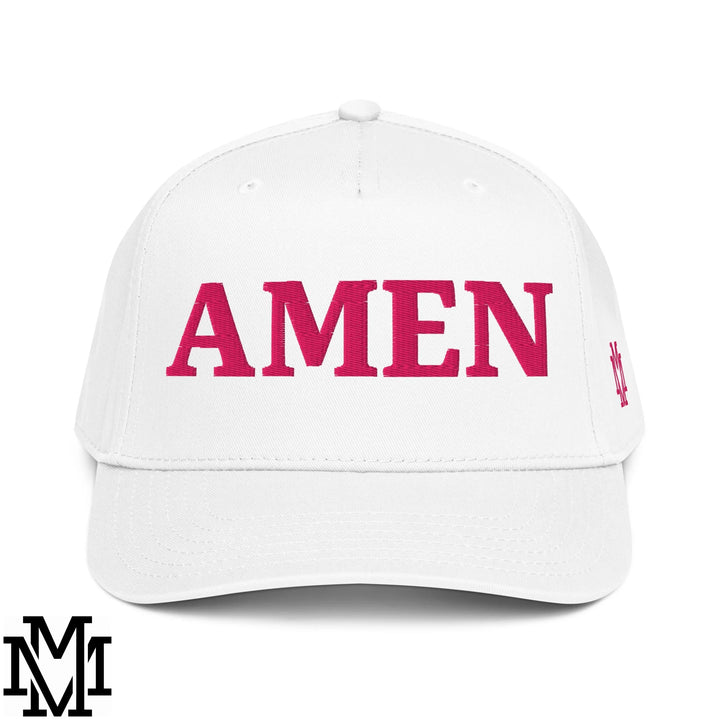 Amen Embroidered Baseball Snapback Hat - White