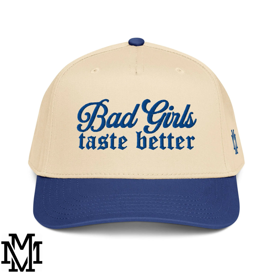 Bad Girls Taste Better Embroidered Baseball Snapback Hat - Royal Natural