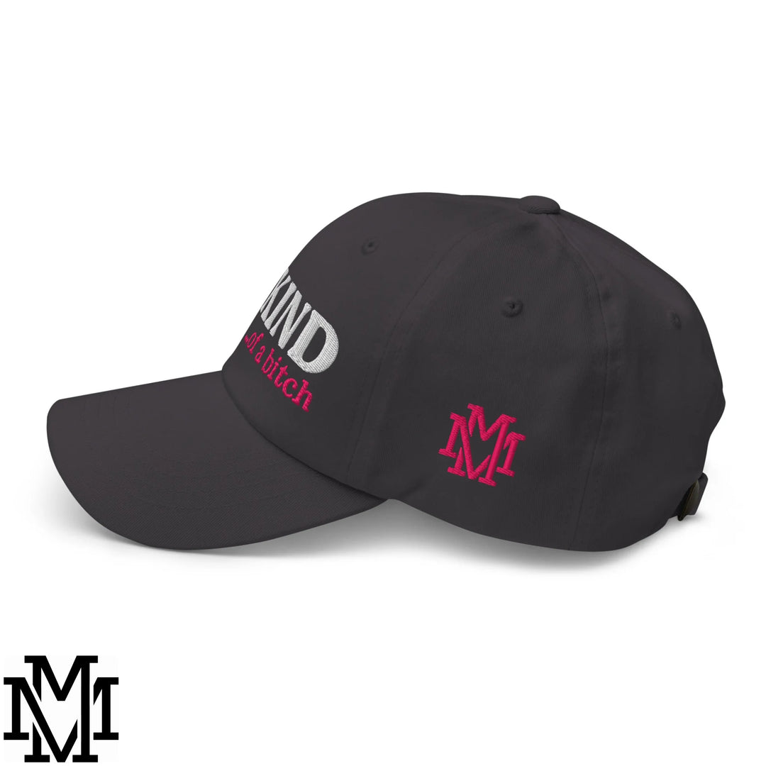 Black unstructured dad hat with white and pink embroidered mind a bitch text and pink mi logo on the side