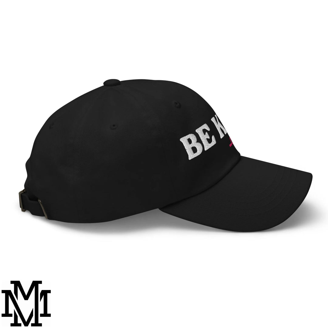 Black unstructured dad hat with white embroidered be k text and small pink accent from be kind of a bitch collection
