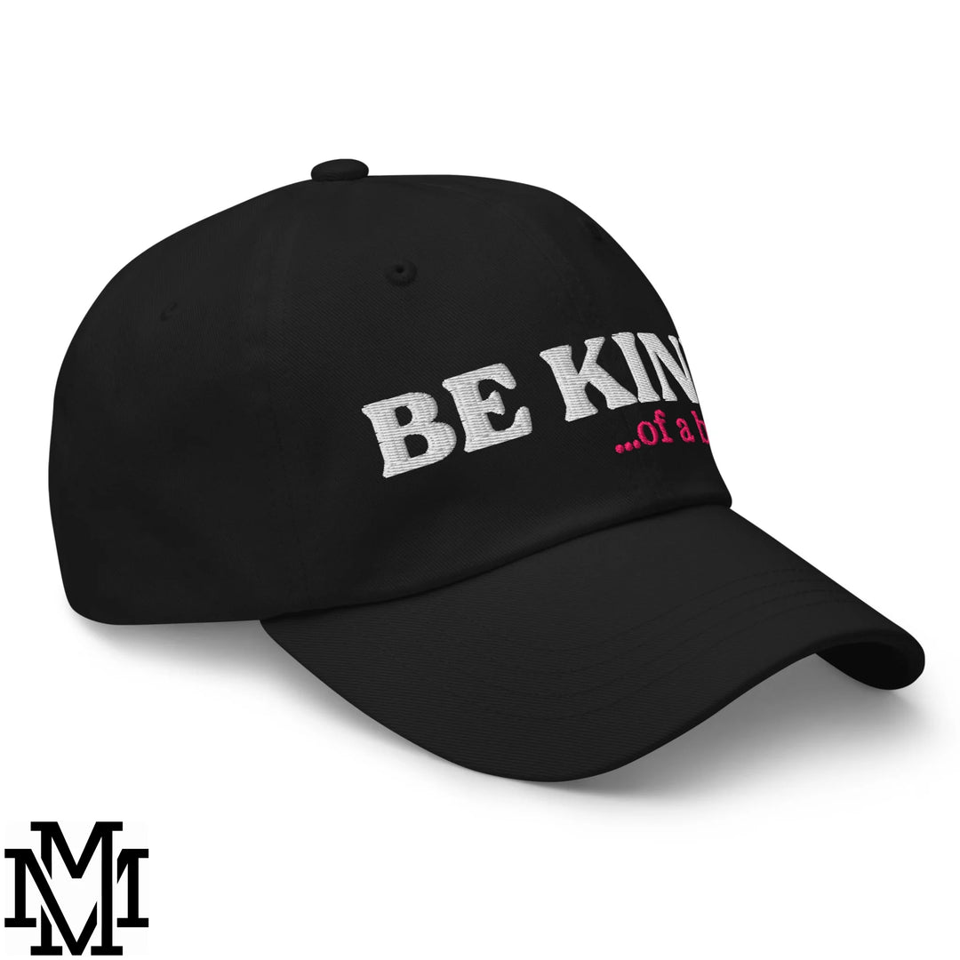 Black unstructured dad hat with be kind embroidered in white and pink thread for casual wear
