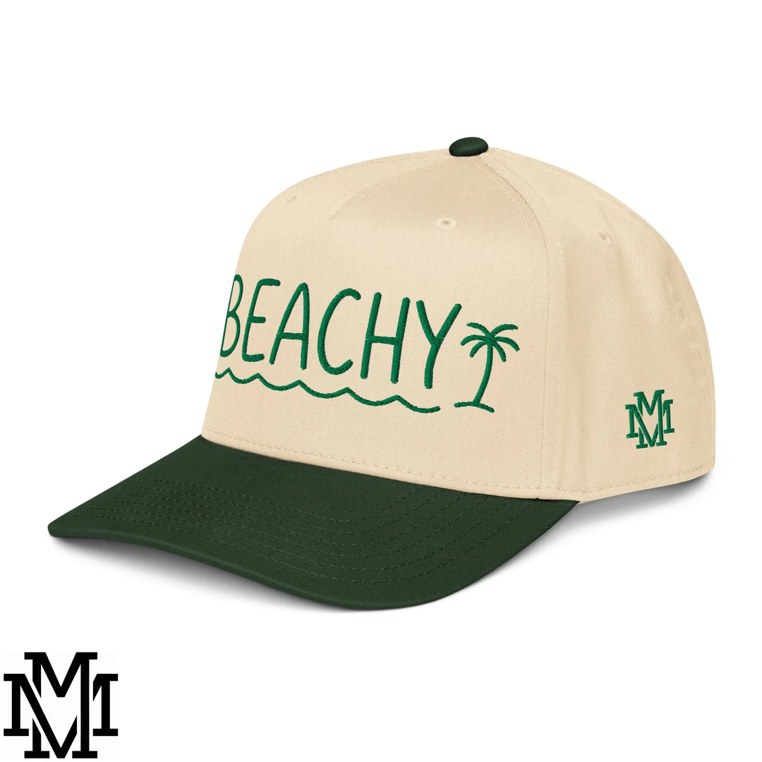 Beachy Embroidered Baseball Snapback Hat - Dark Green Natural