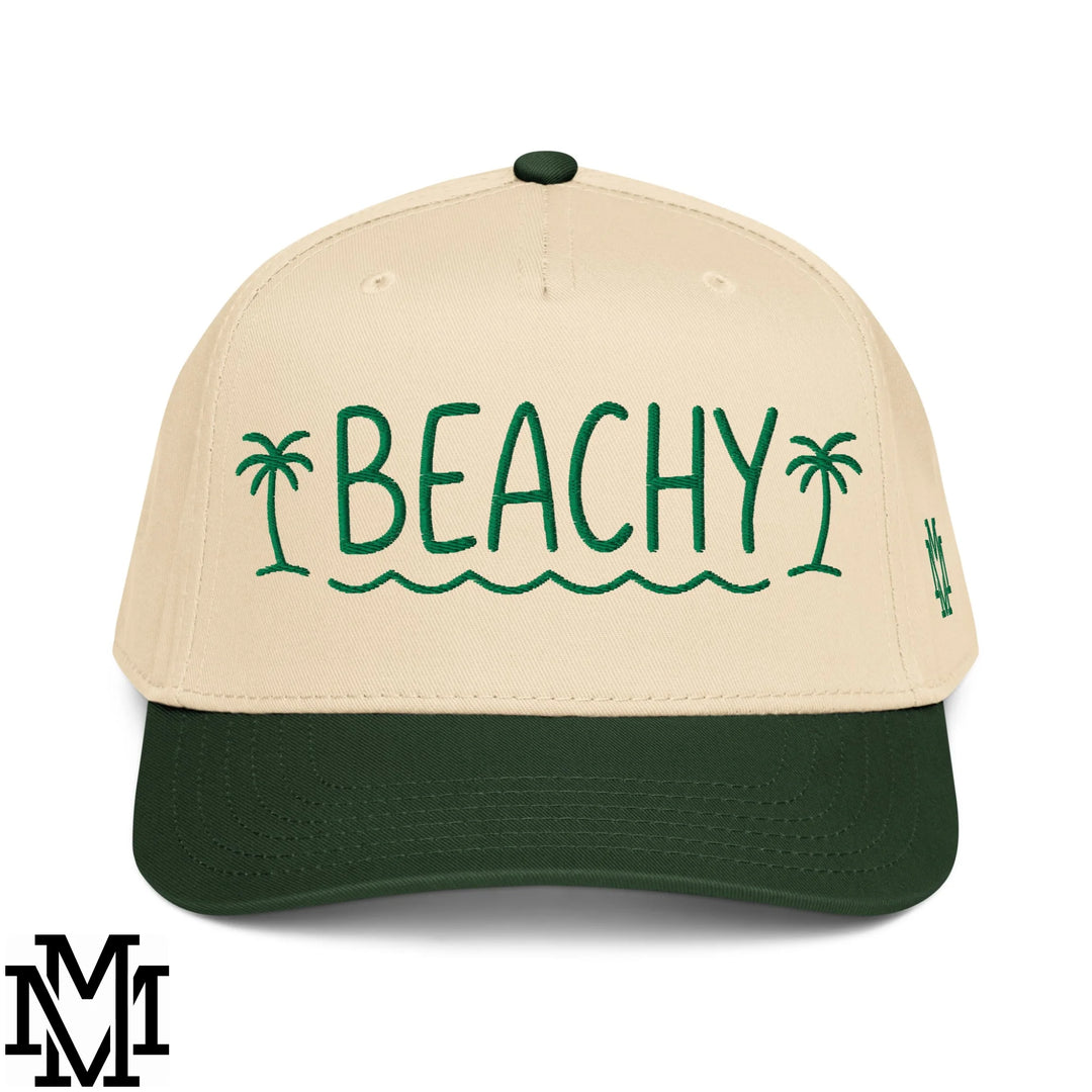 Beachy Embroidered Baseball Snapback Hat - Dark Green Natural
