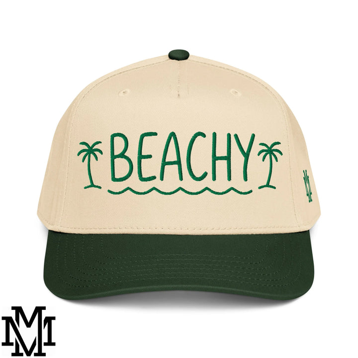 Beachy Embroidered Baseball Snapback Hat - Dark Green Natural