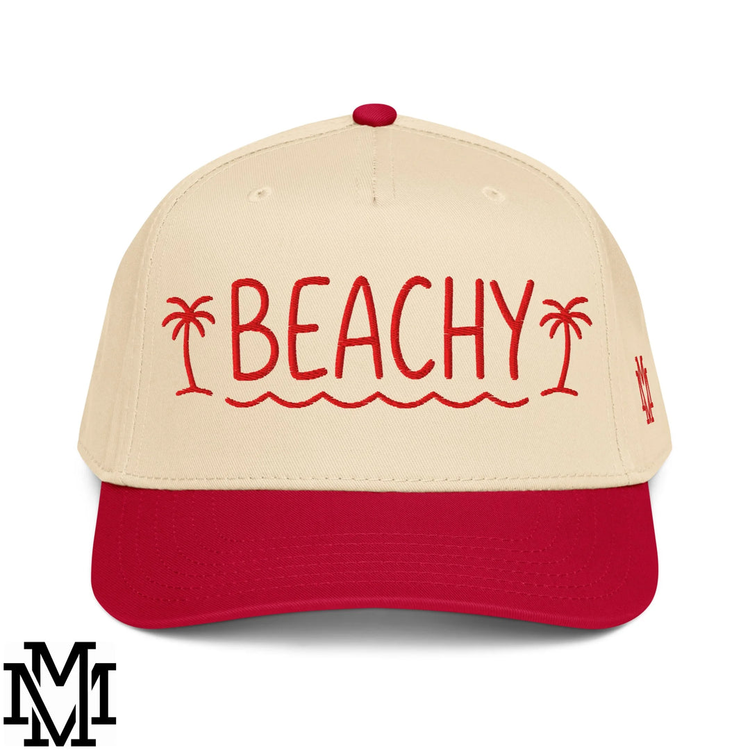 Beachy Embroidered Baseball Snapback Hat - Red Natural