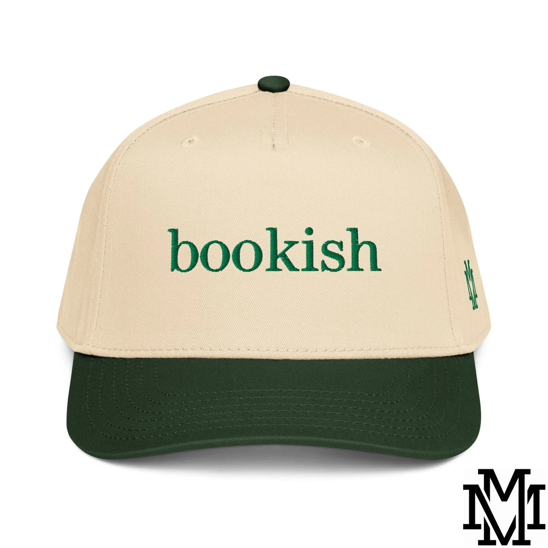 Bookish Embroidered Baseball Snapback Hat - Dark Green Natural