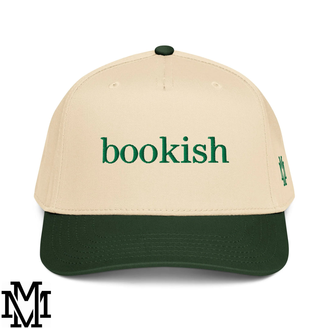 Bookish Embroidered Baseball Snapback Hat - Dark Green Natural