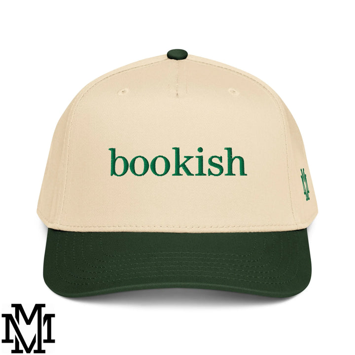 Bookish Embroidered Baseball Snapback Hat - Dark Green Natural