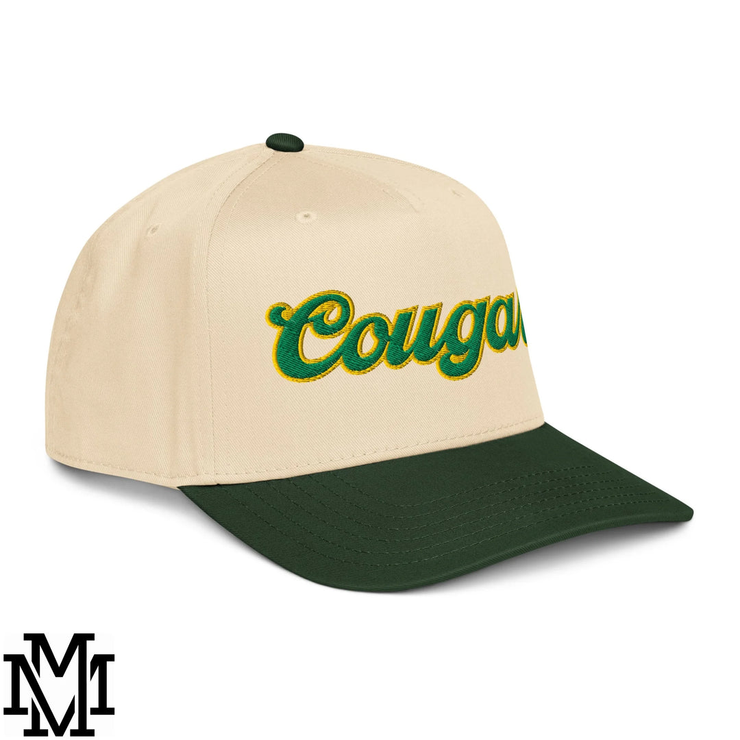 Cougar Embroidered Baseball Snapback Hat - Dark Green Natural