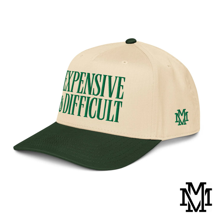 Difficult and Expensive Embroidered Baseball Snapback Hat - Dark Green Natural