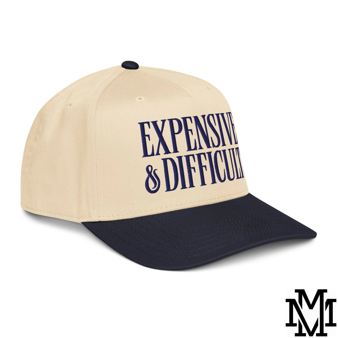 Difficult and Expensive Embroidered Baseball Snapback Hat - Navy Natural