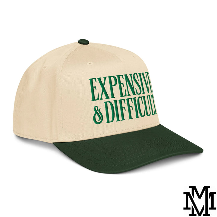 Difficult and Expensive Embroidered Baseball Snapback Hat - Dark Green Natural