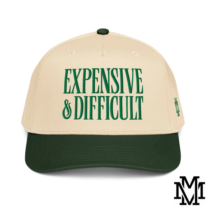 Difficult and Expensive Embroidered Baseball Snapback Hat - Dark Green Natural
