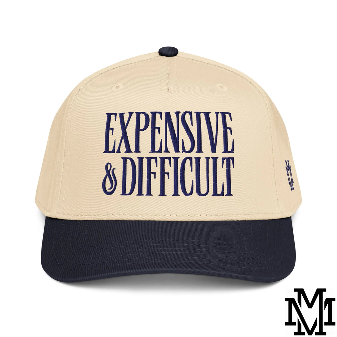 Difficult and Expensive Embroidered Baseball Snapback Hat - Navy Natural