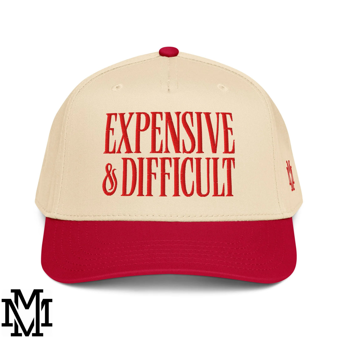 Difficult and Expensive Embroidered Baseball Snapback Hat - Red Natural